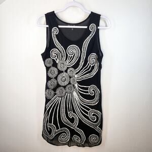 Pretty Angel Black Short Shift Dress Size Medium Silk Embroidered Sequin Vintage